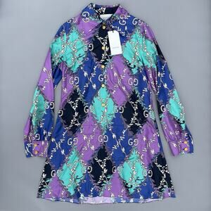 GUCCI 3200$ Silk GG Shirt Dress - Logo Chain Belt - Longsleeve Authentic NWT